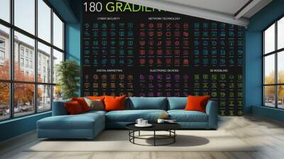 180 trendy gradient style thin line icons set of cyber security, network technology, web development, digital marketing, electronic devices, 3d modeling isolated on black background. Wall mural