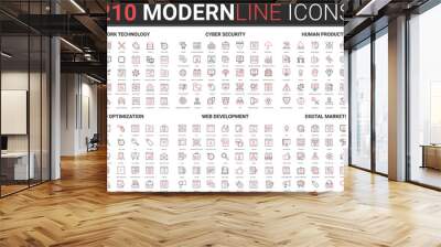 210 modern red black thin line icons set of digital marketing, human productivity, network technology, cyber security, SEO optimization, web development collection vector illustration. Wall mural