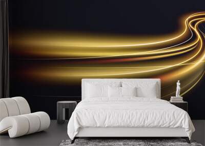 Abstract shiny color gold wave light effect vector illustration. Magic golden luminous glow design element on dark background, orange and yellow luminosity, abstract neon motion glowing wavy lines Wall mural