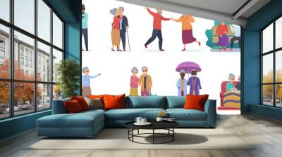 Active lifestyle old grandparents. Elderly people characters. Cartoon seniors family activities isolated vector illustration. Wall mural