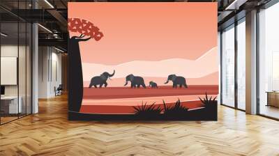 African animals in wild nature landscape of Africa vector illustration. Cartoon safari panorama scenery with tropical flora and fauna, silhouettes of elephants, baobab and cacti in prairie savannah Wall mural