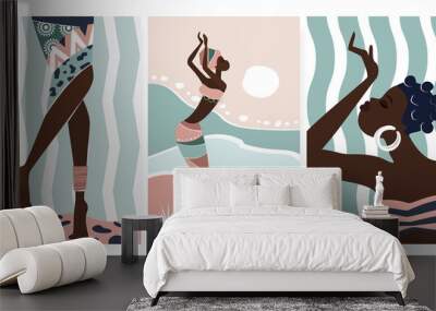 African boho people dance, wall art vector illustration set. Abstract contemporary aesthetic background template with woman portraits in traditional clothes in simple geometric landscape of Africa Wall mural