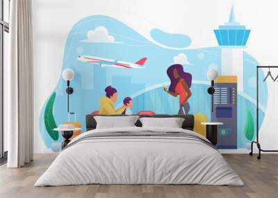 Airline transportation, people tourists wait flight in modern airport vector illustration. Cartoon family characters travel, waiting in lobby terminal hall with coffee machine isolated on white Wall mural