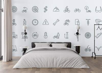 Bike shop, repair service and rent thin line icons set vector illustration. Linear pictograms of cyclists gears and electric or mountain bike elements, mobile tracker for bicycle sharing and rental Wall mural