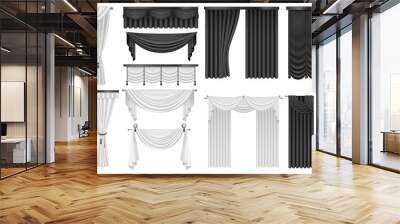 Black and white velvet silk curtains and draperies set. Interior realistic luxury curtains decoration design. Wall mural