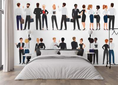 Business people conversation. Man and woman standing together and talking, discussing, negotiating. Front and back view vector illustration. Wall mural