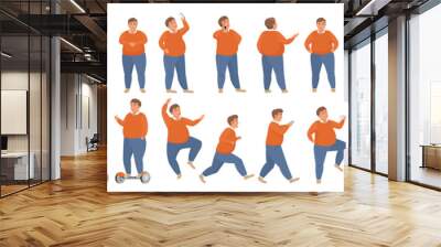 Cartoon body positive male character showing different postures action poses in front, side or back view isolated. Fat man poses vector illustration set. Wall mural