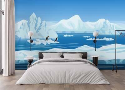 Cartoon nature winter arctic ice landscape with iceberg, snow mountains hills and penguins. Vector game style illustration. Seamless background for games. Wall mural