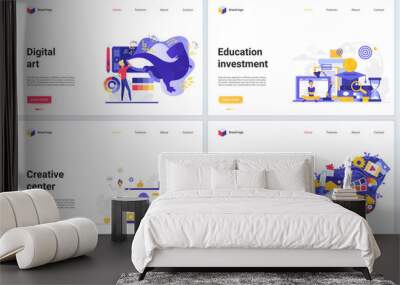 Creative art agency, education design vector illustrations. Cartoon flat modern trendy website interface banner set with digital designer art studio, creativity and investment in artwork idea concept Wall mural