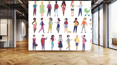 Crowd of vector people set performing outdoor activities. Man and woman walking with dogs, skateboarding, talking, smiling, playing. Wall mural