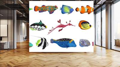 Cute fishes, exotic underwater animal characters set vector illustration. Cartoon marine creatures collection with clownfish seahorse moorish idol isolated white. Aquarium, aquatic life concept Wall mural