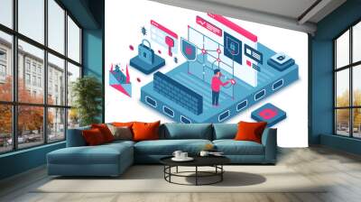 Cyber security isometric vector illustration. Authorization and authentification. Man unlock account with touch screen. Private user information security. Safe system cartoon conceptual design element Wall mural