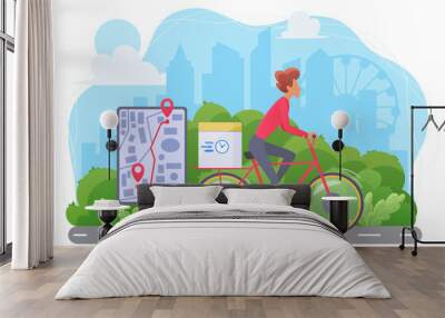 Cycle delivery flat vector illustration. Courier on bicycle cartoon character. Ecological express shipping service. Cyclist carrying parcel. Man driving with package. Route, itinerary Wall mural