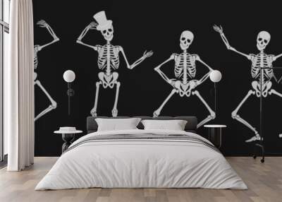 Dancing Human bones skeletons. Different skeleton poses set isolated on black dark background vector illustration. Wall mural