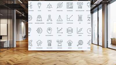 Data analysis, neural network innovation and science thin line icons set vector illustration. Abstract outline AI brain, machine learning technology for prediction, transformation and data storage Wall mural