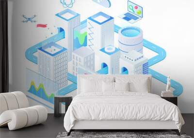 Digital technologies isometric vector illustration. Industrial innovative town management. Futuristic cluster. Connection and urban infrastructure. Smart city cartoon conceptual design element Wall mural