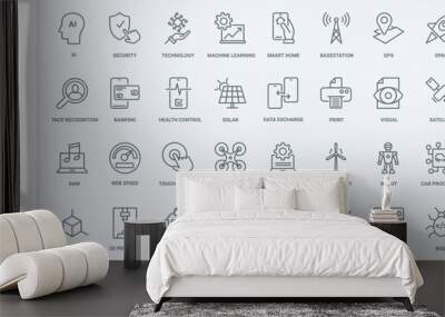 Digital technology, internet communication, machine development and learning thin line icons set vector illustration. Outline 3d model printing, apps for health control, recognition and diagnostics Wall mural