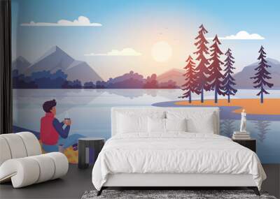 Enjoy nature at sunset vector illustration. Cartoon young man character sitting on wooden pier, enjoying natural outdoor landscape, blue lake, island with pine trees, mountains and sun above horizon Wall mural