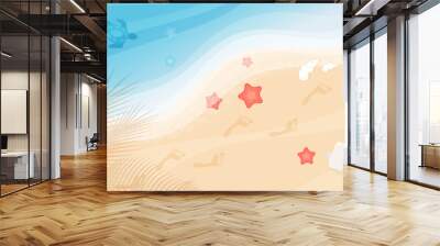 Footprints on sand beach, top view vector illustration. Cartoon tourists foot prints on sea or ocean coast with blue waves, turtle, starfish and palm leaf shadow background. Summer vacation concept Wall mural