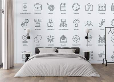 Freelance, work in home office thin line icons set vector illustration. Outline online communication and collaboration of freelancers with remote locations, productivity and portfolio of resume Wall mural