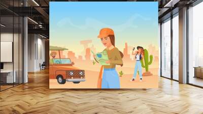 Friends people on vacation desert tour in Arizona landscape, tourism vector illustration. Cartoon traveler tourist characters explore rocky landscape with cacti, take photos, travel by jeep background Wall mural