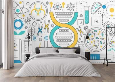 Genetics and bioengineering, thin line scientific laboratory equipment and structures vector illustration. Abstract science analysis, DNA data research, biotechnology and microbiology background Wall mural