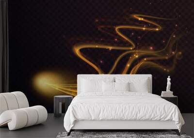 Golden flying star light effect, curve trail lines shine and glow vector illustration. Abstract magic fantasy gold waves fly, glowing tail of stardust with bokeh and sparkle particles background Wall mural