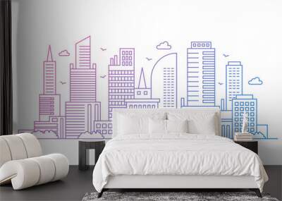 Gradient color line art of modern big city cityscape background with skyscrapers vector illustration Wall mural