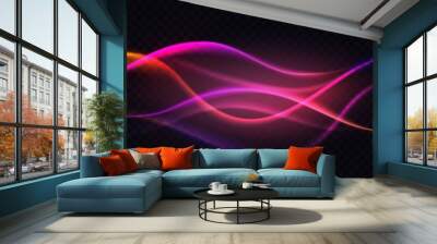 Gradient violet neon color wave, abstract light effect vector illustration. Dynamic translucent soft gradient stream motion, wavy flow bright curve elements isolated on transparent black background Wall mural