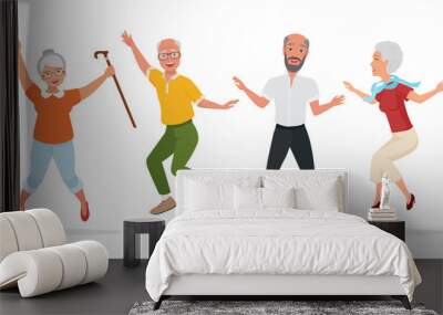 Group of elderly people together. Active and happy old senior jumping. Cartoon vector illustration. Wall mural