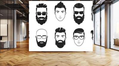 Handsome face man beard man emblems icons. Set of vector bearded hipster men faces. Haircuts, beards, mustaches set vector illustration Wall mural