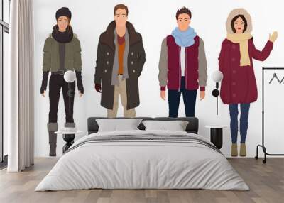 handsome young guys with beautiful girls models in winter warm casual modern fashion clothes isolate Wall mural