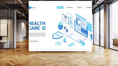 Health care landing page vector template. Diagnostics clinic, hospital website homepage UI layout with isometric illustration. Healthcare industry, medical service web banner, webpage 3D concept Wall mural