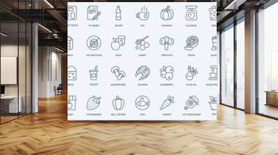 Healthy grocery food thin line icons set vector illustration. Outline fresh organic fruit and vegetables, water and tea with honey, yogurt and farm milk, fish seafood and olive oil for cooking meals Wall mural