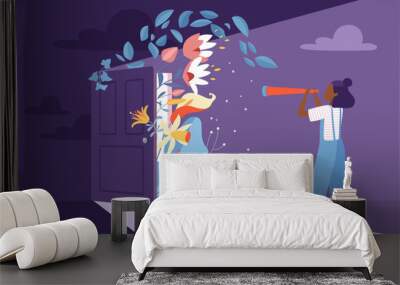 Hope for bright future, vision of new opportunity vector illustration. Cartoon woman looking through spyglass with curiosity at open door, fairy summer flowers, light as symbol of success in doorway Wall mural