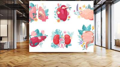 Human anatomy, internal organs with flowers and plants set. Lungs and heart, brain and kidneys, large and small intestines, liver and gall bladder with floral decoration cartoon vector illustration Wall mural