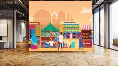 Indian street market at sunset flat vector illustration. Cartoon characters shopping at outdoor marketplace. Cheerful vendors selling handmade home decor goods. Sellers at stalls. Temples background Wall mural