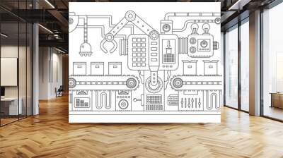 Industrial conveyor belt line outline vector illustration. Conveyor process abstract machine production. Strike line style. Wall mural