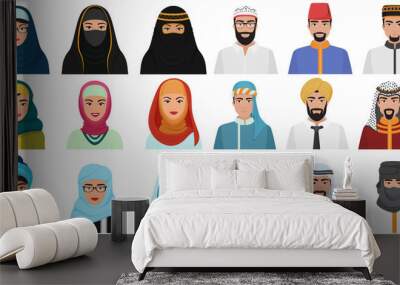 Islam cartoon people icons. Arabic muslim avatars muslim face heads of male and female. Wall mural