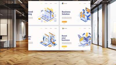 Isometric business data analysis process vector illustration. Modern concept interface design set for mobile website with cartoon 3d digital technology, processing, analyzing financial database report Wall mural