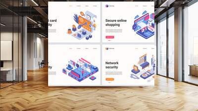 Isometric cyber security technology vector illustration. Creative concept banner set, website design with cartoon 3d cyber service for data protection, safety of confidential credit card information Wall mural