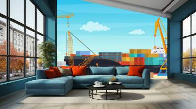 Logistics transportationt container ship with industrial crane import and export in shipping cargo harbor yard. Transportation industry vector illustration. Wall mural