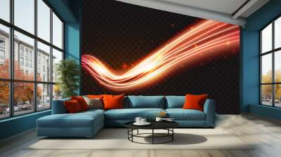 Luminous neon shape wave, abstract light effect vector illustration. Wavy glowing bright flowing curve lines, magic glow energy stream motion with particle isolated on transparent black background. Wall mural