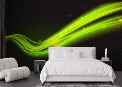 Luminous neon shape wave, abstract light effect vector illustration. Wavy glowing fire green bright flowing curve lines, magic glow energy motion particle isolated transparent black background. Wall mural