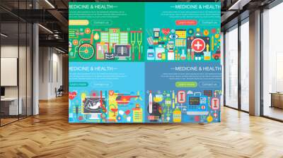 Medicine and health horisontal flat concept design banners set. Herbal treatment, healthcare, homeopathy, pharmacy, Medical Tests, drugs and pills vector illustration. Wall mural