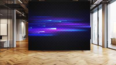 Neon blue light fast motion, speed lines movement abstract fusion effect vector illustration. Futuristic horizontal texture of speedy transportation, graphic action stripes on dark background Wall mural