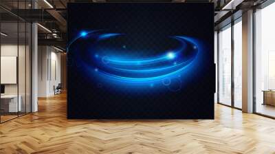 Neon blue luminous abstract light effect vector illustration. Dynamic circle moving sparkles and motion lines decoration elements, bright energy trails on transparent black background Wall mural