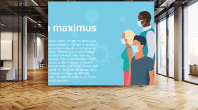 People group in masks flat virus character wide banner panorama concept vector illustration. Multiracial men, women in casual clothes stand back to back to defend each other from pandemic danger. Wall mural