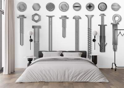 Realistic 3d vector screws, nuts, bolts, rivets and nails for fastening and fixing. Wall mural