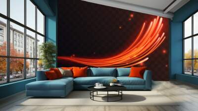 Red light energy glowing motion lines, waves, curved shining abstract light effect vector illustration. Magic speed flying trails of shine, bright shimmer particles fly transparent dark background Wall mural